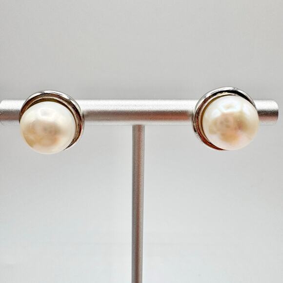 11 mm Pearl Stud Earrings Signed NF 925 Acid Tested Thailand Sterling Silver - Picture 8 of 16
